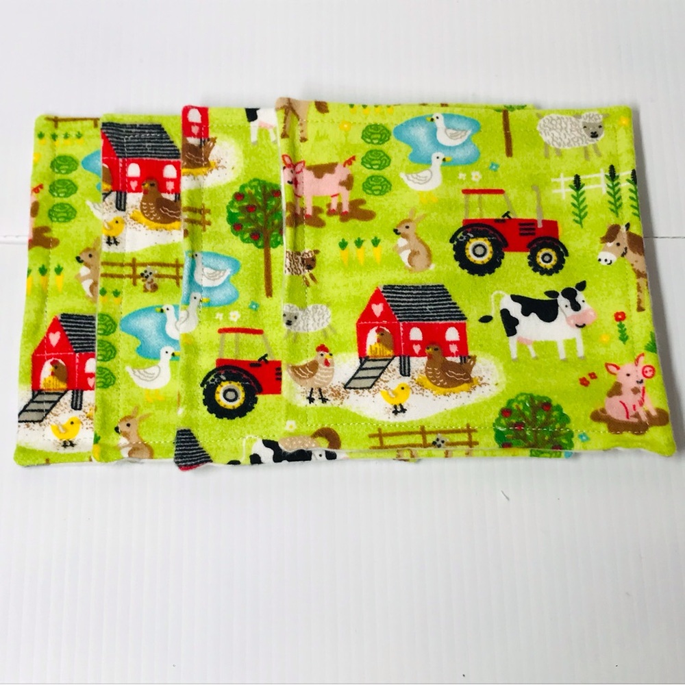 Reusable Set of Four 6” Farm Animals Tractors Kids Flannel Wash Cloths / Wipes